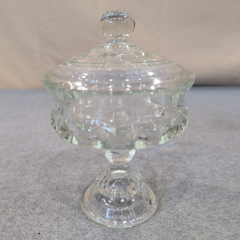 Tiffin Franciscan Kings Crown Clear Pedestal Covered Candy Compote Dish Vintage